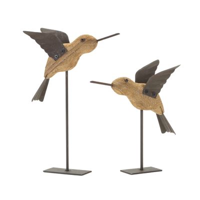 Melrose Set of 2 Wood and Iron Bird On Stake with Brown Finish 85412DS
