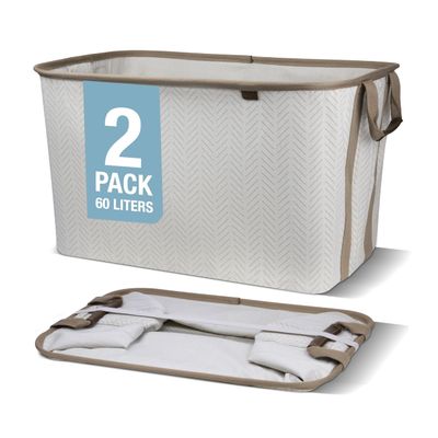 CleverMade Collapsible Laundry Basket Hamper - LUXE Cream Herringbone 2Pack 60L -SpaceSaving Storage Organizer with Handles Foldable Home Organization