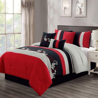 Luxury 7 Piece Queen Size Floral Comforter Set | Gorgeous Leaves Embroidery, Intricate Sewing & Beautiful Striped Patterns | Elegant Soft All Season Black Bedding | Eye Catching Pretty Red Grey Color