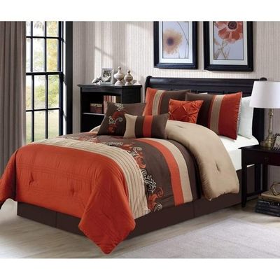 Luxury 7 Piece Queen Size Floral Comforter Set | Gorgeous Leaves Embroidery, Intricate Sewing & Striped Patterns | Elegant & Soft All Season Orange Bedding | Eye Catching Rust Choc Beige Brown Color
