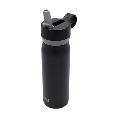 BUILT 20 Ounces Wide Mouth Cascade Double Wall Vacuum Insulated Stainless Steel Bottle with Straw Lid, Black