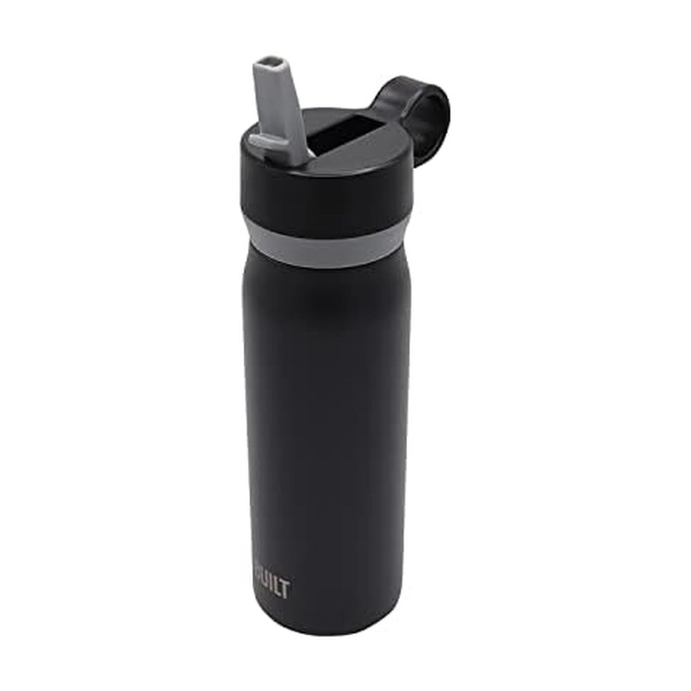 BUILT 20 Ounces Wide Mouth Cascade Double Wall Vacuum Insulated Stainless Steel Bottle with Straw Lid, Black