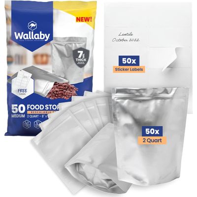 Wallaby 50 Count 2-Quart Gusset Mylar Bags with Labels, 14 Mil Total Thickness Long-Term Food Storage Pouches, 12x8 Stand-Up Zipper Heat-Sealable Airtight Packaging - Silver