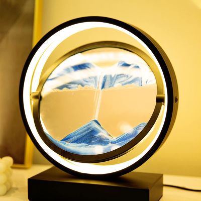 LFFH Glass Quicksand Painting, 3D Quicksand Art Sand Scene Dynamic Round Glass Sandscape Painting Desk Lamp Sand Painting Lamp (Color : Blue, Size : 29x10x33cm)