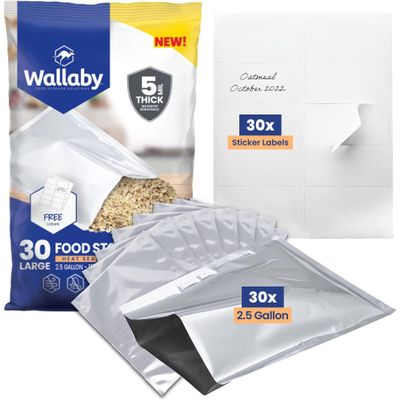 Wallaby 30 Count 2.5-Gallon Mylar Bags with Labels, 5 Mil Total Thickness Long-Term Food Storage Pouches, 12x18 Heat-Sealable Airtight Packaging - Silver