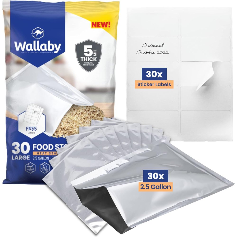 Wallaby 30 Count 2.5-Gallon Mylar Bags with Labels, 5 Mil Total Thickness Long-Term Food Storage Pouches, 12x18 Heat-Sealable Airtight Packaging - Silver