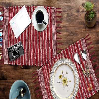 100% Cotton Placemats Farmhouse Woven Fabric for Dining Room Rectangle Set of 6 | 14''x20''| Heat Resistant | Washable | Durable with Tassel (Red)