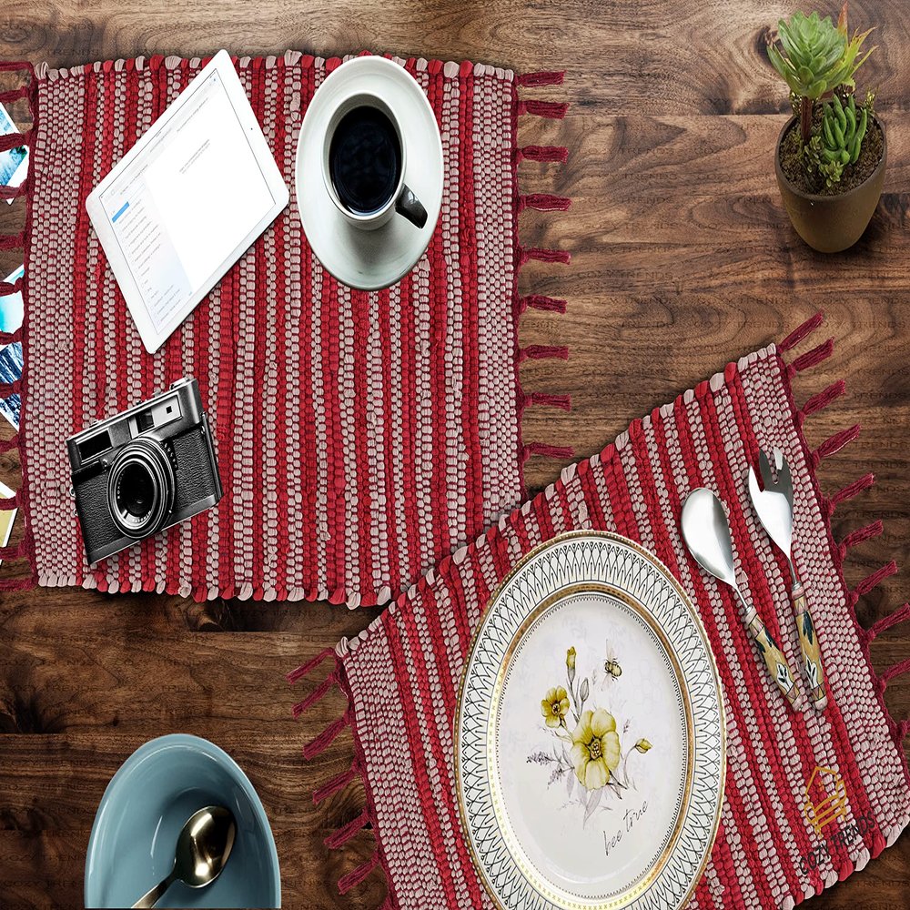 100% Cotton Placemats Farmhouse Woven Fabric for Dining Room Rectangle Set of 6 | 14''x20''| Heat Resistant | Washable | Durable with Tassel (Red)