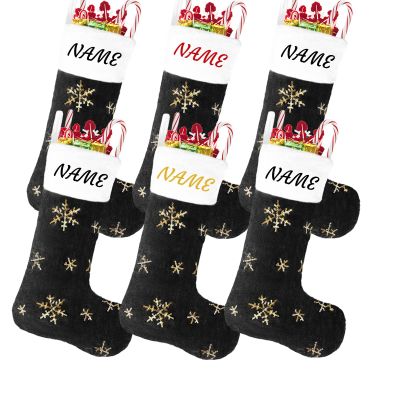 AtiMing 6 Pack Personalize Plush Christmas Stockings 22inches Black Faux Fur Christmas Hanging Stockings with Gold Sequin Snowflakes for Fireplace, Xmas Tree, Home Decoration - 56cm