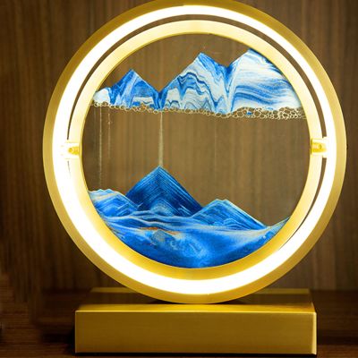 LFFH Glass Quicksand Painting, 3D Quicksand Art Sand Scene Dynamic Round Glass Sandscape Painting Desk Lamp Sand Painting Lamp (Color : Blue-1, Size : 29x10x33cm)