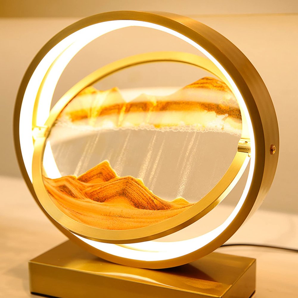 LFFH Glass Quicksand Painting, 3D Quicksand Art Sand Scene Dynamic Round Glass Sandscape Painting Desk Lamp Sand Painting Lamp (Color : Yellow-1, Size : 29x10x33cm)