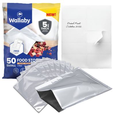 Wallaby 50 Count 1-Pint Mylar Bags with Labels, 10 Mil Total Thickness Long-Term Food Storage Pouches, 6x8 Heat-Sealable Airtight Packaging - Silver