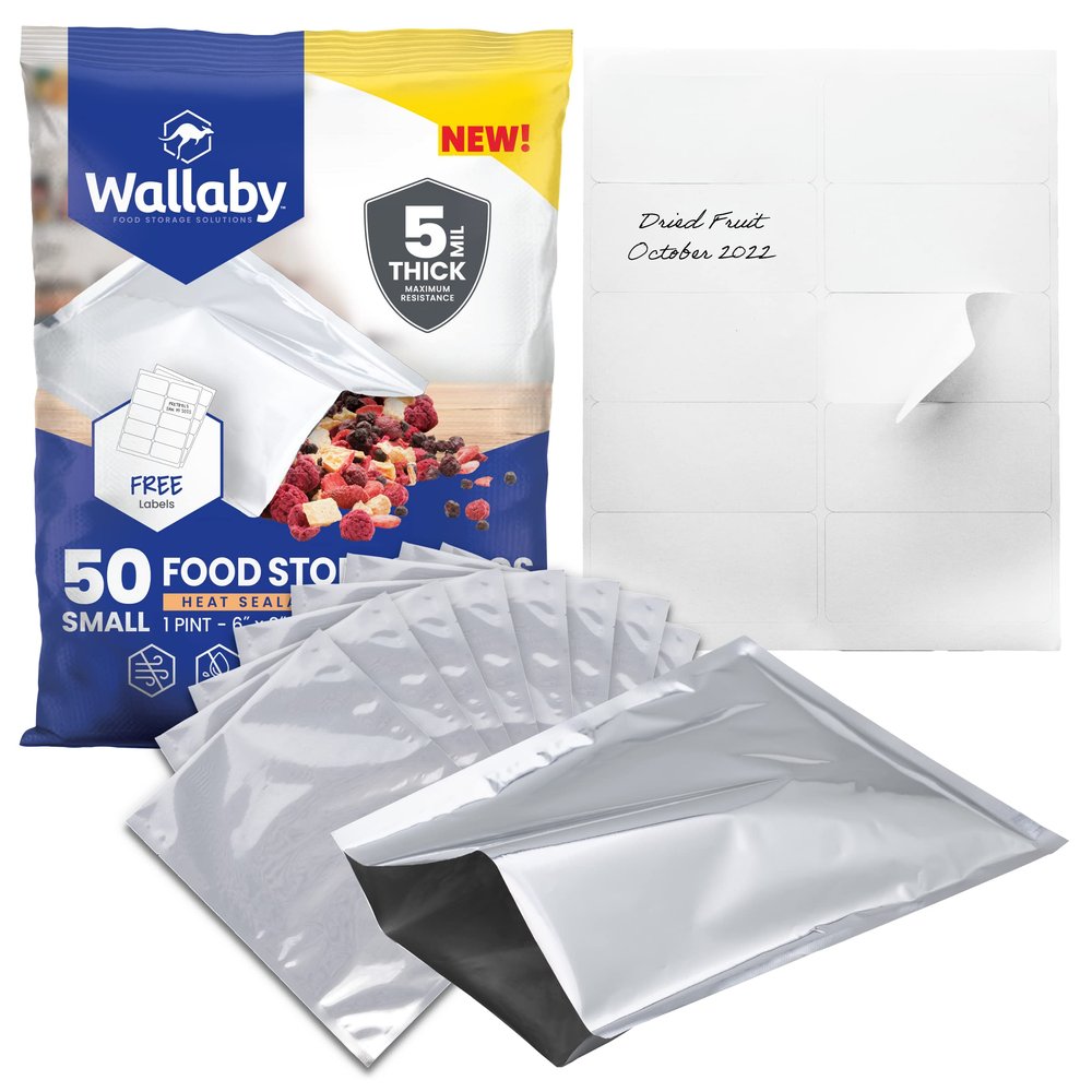 Wallaby 50 Count 1-Pint Mylar Bags with Labels, 10 Mil Total Thickness Long-Term Food Storage Pouches, 6x8 Heat-Sealable Airtight Packaging - Silver
