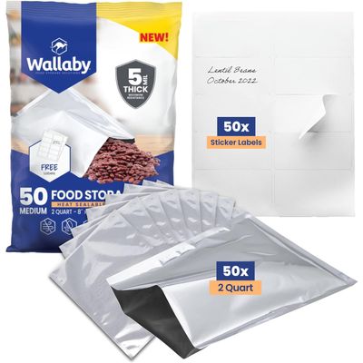 Wallaby 50 Count 2-Quart Mylar Bags with Labels, 10 Mil Total Thickness Long-Term Food Storage Pouches, 8x12 Heat-Sealable Airtight Packaging - Silver