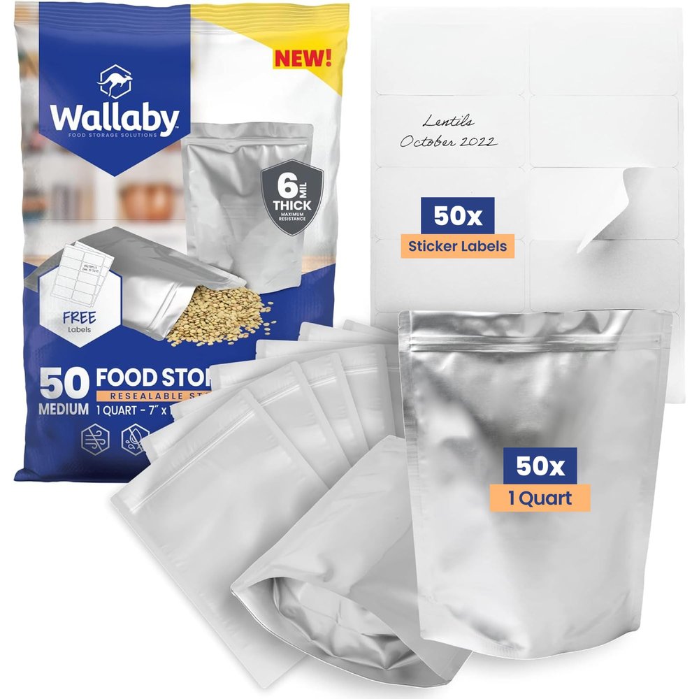 Wallaby 50 Count 1-Quart Gusset Mylar Bags with Labels, 12 Mil Total Thickness Long-Term Food Storage Pouches, 10x7 Stand-Up Zipper Heat-Sealable Airtight Packaging - Silver
