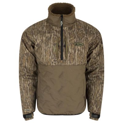 Drake Waterfowl Men's LST Guardian Flex Double Down 1/4 Zip Eqwader Insulated Waterproof Breathable Resistant Hunting Jacket, Mossy Oak Bottomland, XX-Large