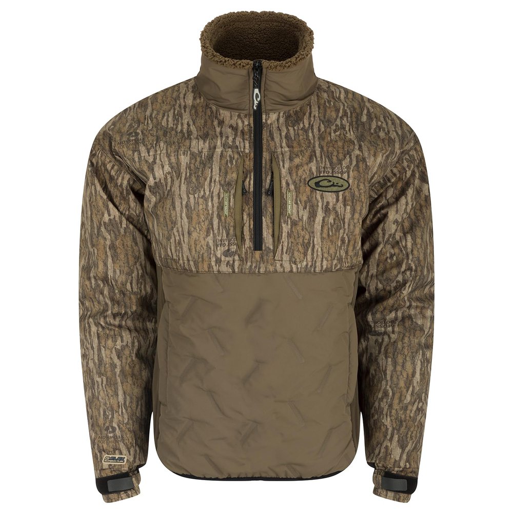 Drake Waterfowl Men's LST Guardian Flex Double Down 1/4 Zip Eqwader Insulated Waterproof Breathable Resistant Hunting Jacket, Mossy Oak Bottomland, XX-Large