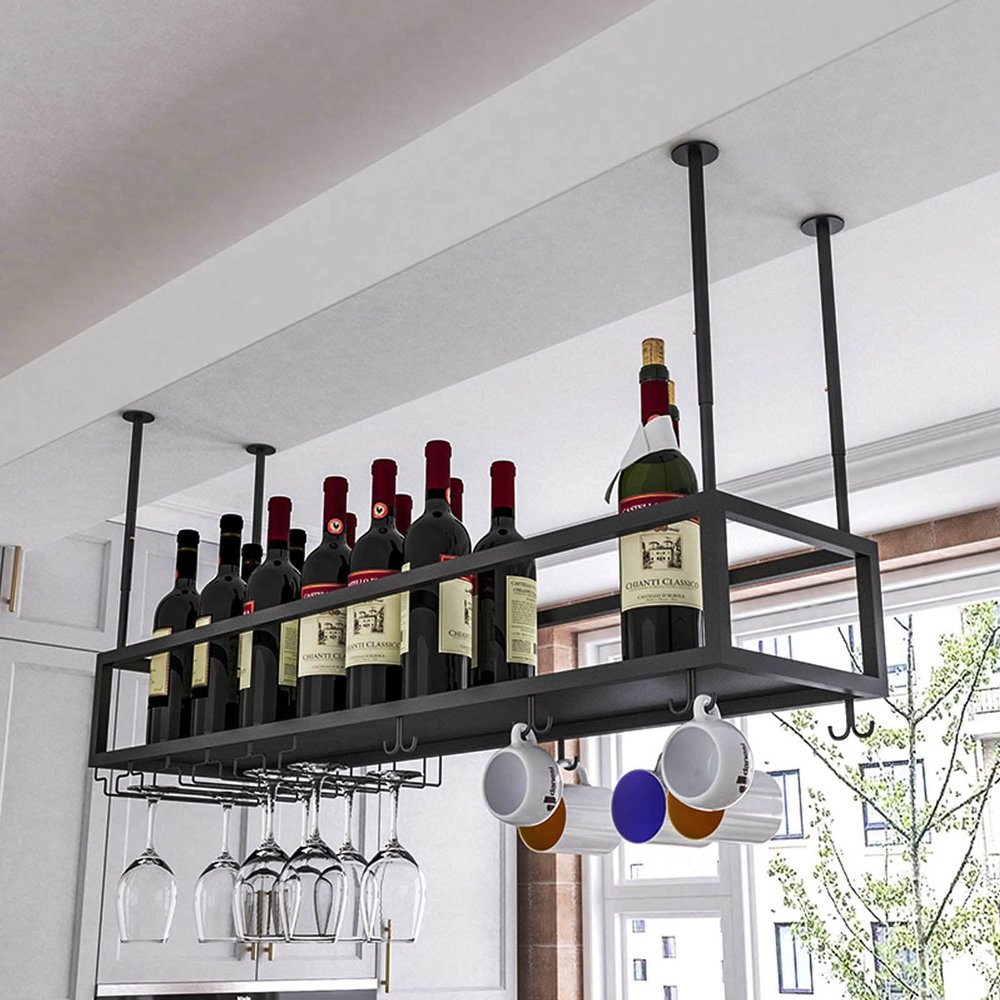 Bar Wine Rack Ceiling Wall Hanging Wine Bottle Holder Metal, Upside Down Wine Glass Storage Racks, Goblet Stemware Racks for Under Cabinet, Kitchen Black Adjustable Height ( Size : 140x25x21cm )