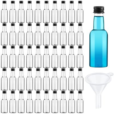 208 Mini Liquor Bottles 1.7 oz Plastic Mini Empty Spirit Bottle with Black Screw Cap Small Wine Hot Sauce Container with Caps Liquid Funnel Easy Pouring Party