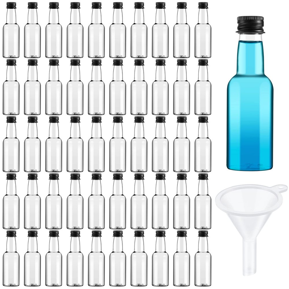 208 Mini Liquor Bottles 1.7 oz Plastic Mini Empty Spirit Bottle with Black Screw Cap Small Wine Hot Sauce Container with Caps Liquid Funnel Easy Pouring Party