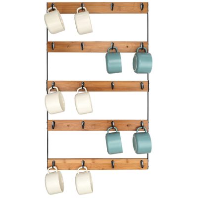 Aomomery Wall Mounted Coffee Mug Holder, Large 5 Tier Shelf with 20 Hooks for Cups, Rustic Wooden Display Rack for Kitchens, Homes and Bars (Bamboo)