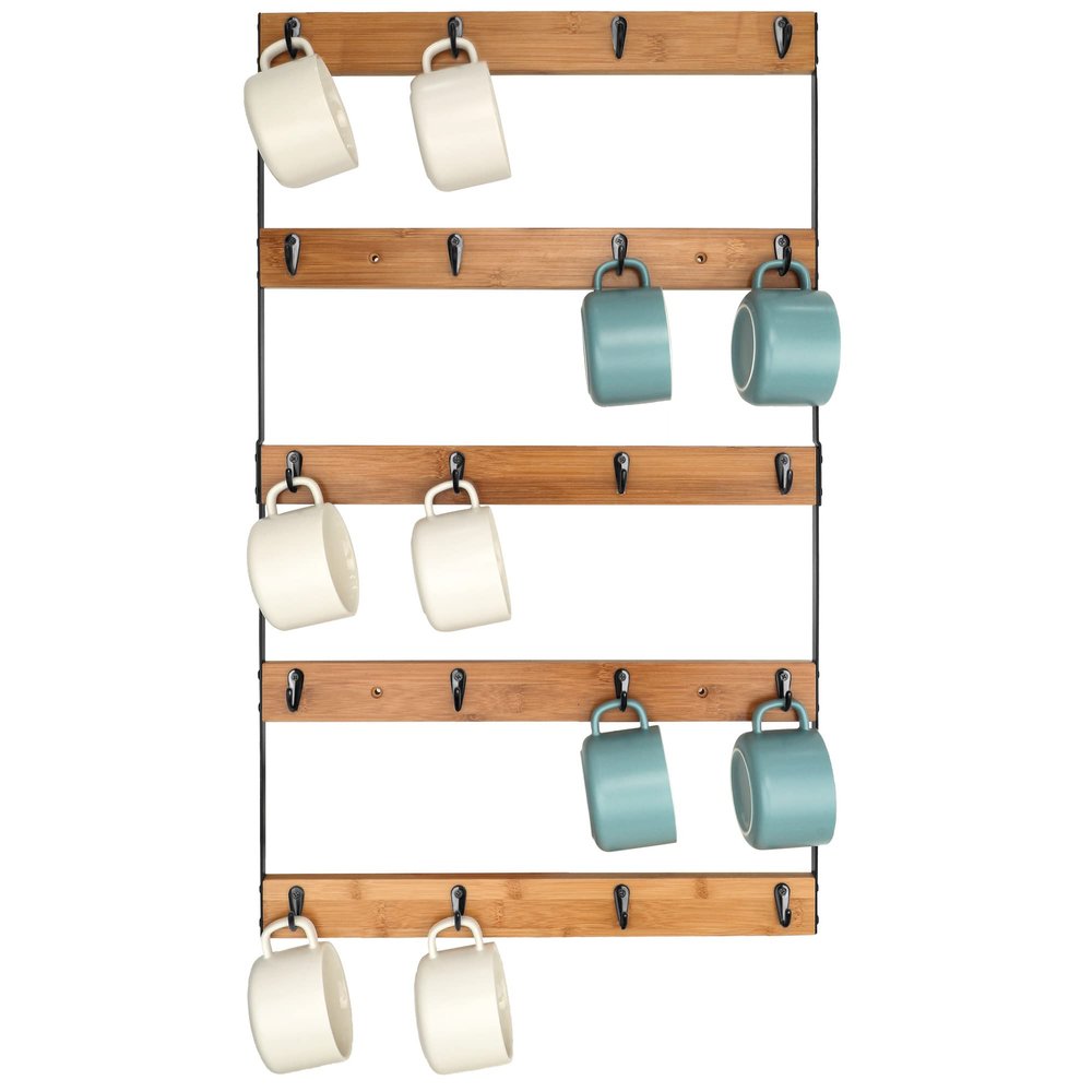 Aomomery Wall Mounted Coffee Mug Holder, Large 5 Tier Shelf with 20 Hooks for Cups, Rustic Wooden Display Rack for Kitchens, Homes and Bars (Bamboo)