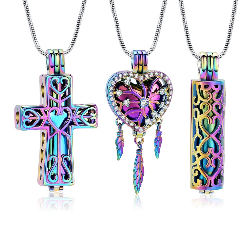 mingkejw 3 Pcs Cylinder/Cross/Heart Urn Necklace for Ashes Cremation Jewelry for Women Men Stainless Steel Memorial Necklaces Ash Holder for Human Pets Keepsake Jewelry for Loved Ones with Fill Tool
