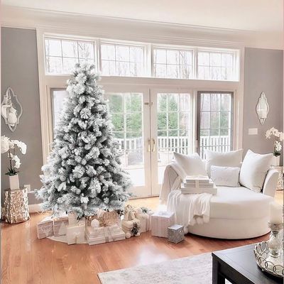LuxenHome 6ft Flocked Pine Christmas Tree with Pine Cones, X-Shape Metal Stand