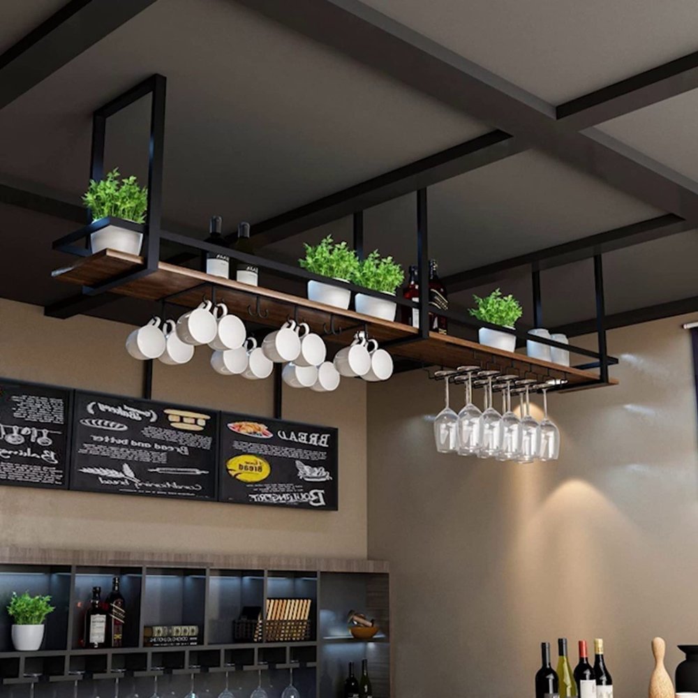Ceiling Wine Glass Rack With Shelf - Hanging Solid Wood Plant Stand - Wall Mounted Iron Art Wine Bottle Holder, European Style Ceiling Mounted Kitchen Single Level Display Stand ( Size : 140*30*50CM )