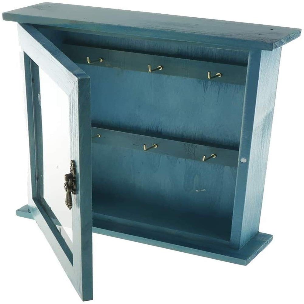 SGerste Vintage Style Wall Mounted Wooden Key Holder Storage Box Key Cabinet for Easy Collection 21x6x25cm (Blue)