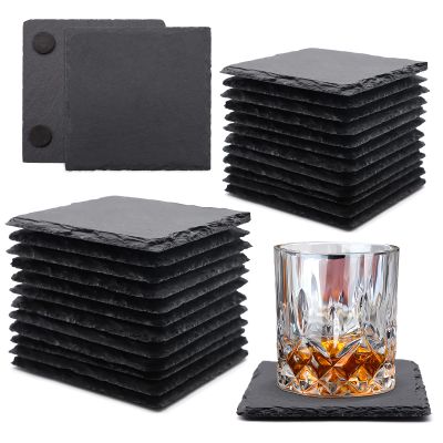 24 Pack Square Slate Drink Coasters, VIBRATITE 4 Inch Black Slate Stone Coasters Bulk Cup Coaster Laser Engraving Blanks with Anti-Scratch Bottom for Drink Coffee Bar Kitchen Home Decor