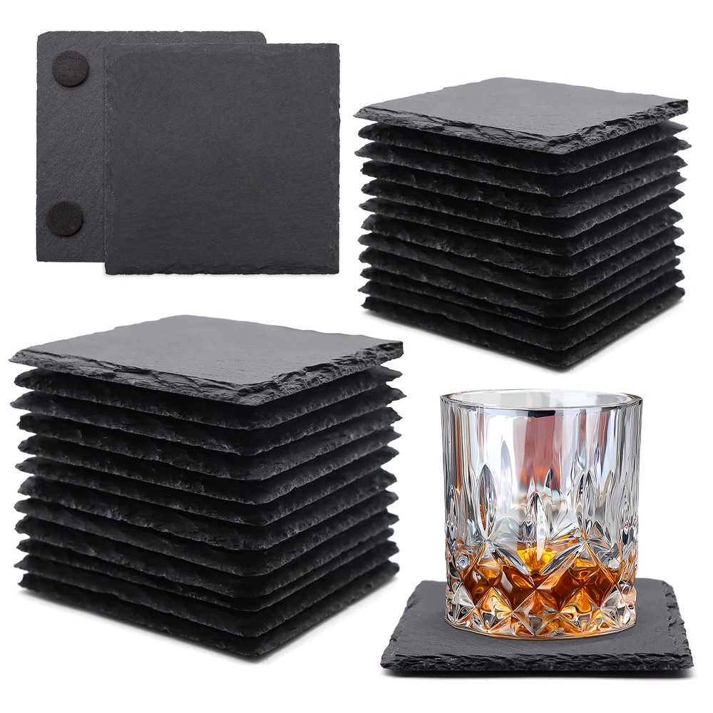 24 Pack Square Slate Drink Coasters, VIBRATITE 4 Inch Black Slate Stone Coasters Bulk Cup Coaster Laser Engraving Blanks with Anti-Scratch Bottom for Drink Coffee Bar Kitchen Home Decor