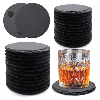 24 Pack Round Slate Drink Coasters, VIBRATITE 4 Inch Black Slate Stone Coasters Bulk Cup Coasters Laser Engraving Blanks with Anti-Scratch Bottom for Drink Coffee Bar Kitchen Home Decor