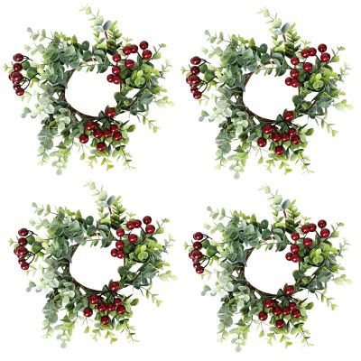 MISNODE 4 Pack Christmas Candle Rings, Artificial Eucalyptus Leaves Wreath Candle Rings with Red Berries, Pillar Candle Holder Berry Candle Garland for Xmas Wedding Home Tabletop Decor (Green A)