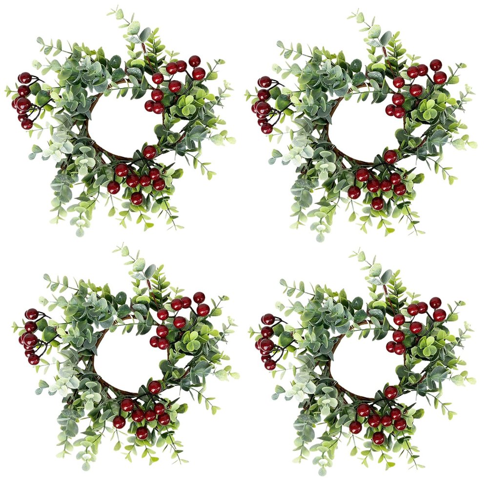 MISNODE 4 Pack Christmas Candle Rings, Artificial Eucalyptus Leaves Wreath Candle Rings with Red Berries, Pillar Candle Holder Berry Candle Garland for Xmas Wedding Home Tabletop Decor (Green A)
