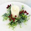 MISNODE 4 Pack Christmas Candle Rings, Artificial Eucalyptus Leaves Wreath Candle Rings with Red Berries, Pillar Candle Holder Berry Candle Garland for Xmas Wedding Home Tabletop Decor (Green A) view 2