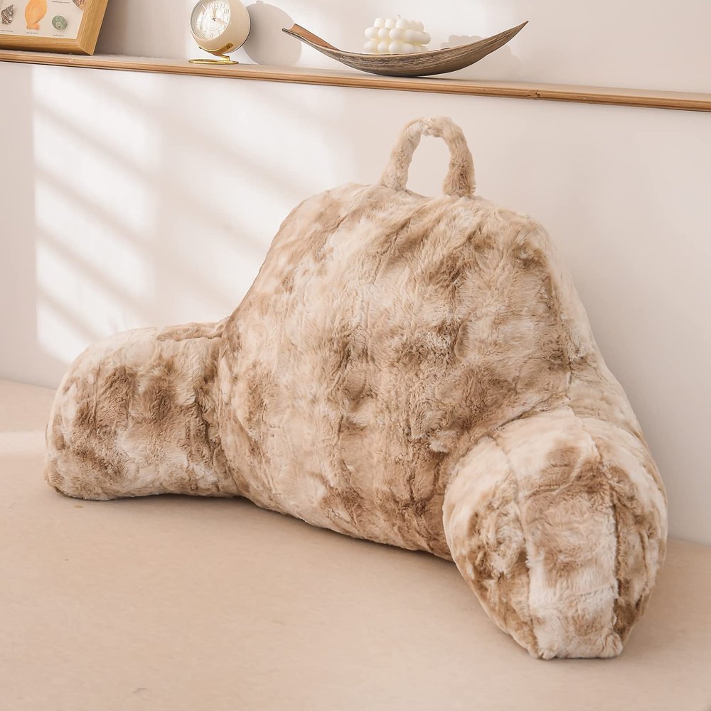 A Nice Night Faux Fur Reading Pillow Bed Wedge Large Adult Children Backrest with Arms Back Support for Sitting Up in Bed/Couch for Bedrest, Tie Dyed Khaki