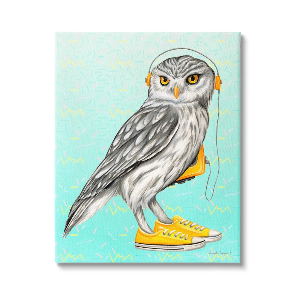Stupell Industries Owl Wearing Yellow Sneakers Headphones Retro Pattern, Design by Amelie Legault