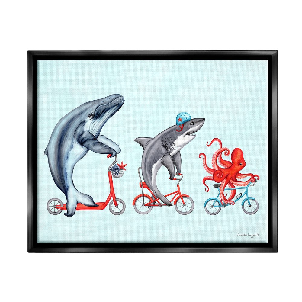 Stupell Industries Aquatic Sea Life Animals Riding Bikes Red Accent, Design by Amelie Legault