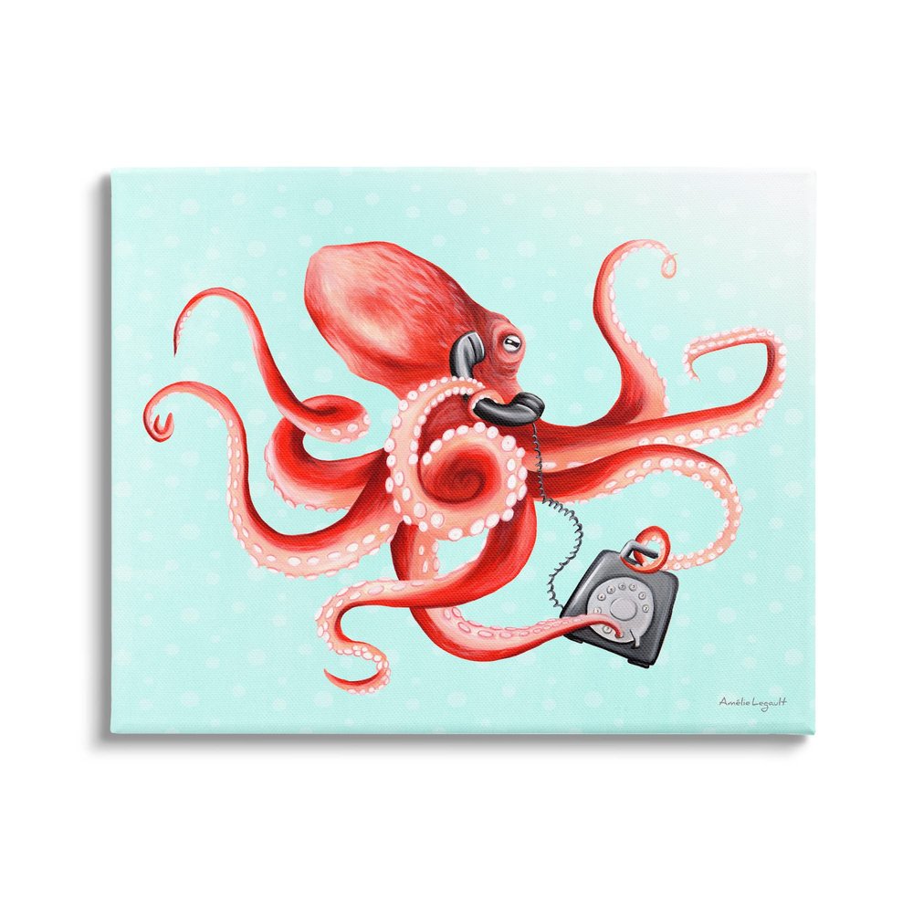 Stupell Industries Red Ombre Octopus Tentacles Retro Rotary Phone, Design by Amelie Legault, 20 x 16, Gallery Wrapped Canvas