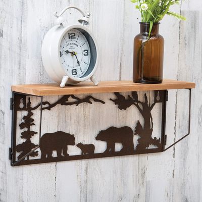 BLACK FOREST DECOR Bear Family Metal Art & Wood Shelf, Polyresin, 20 1/2" W x 4 3/4" D x 7 4/5" H