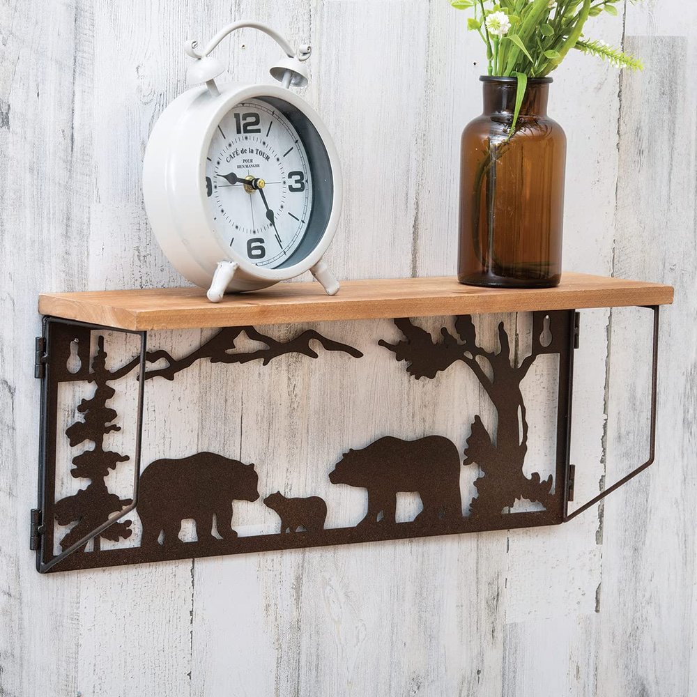 BLACK FOREST DECOR Bear Family Metal Art & Wood Shelf, Polyresin, 20 1/2" W x 4 3/4" D x 7 4/5" H