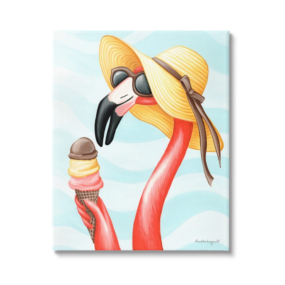 Stupell Industries Summertime Flamingo Sun Hat Enjoying Ice Cream Cone, Design by Amelie Legault, 36 x 48, Gallery Wrapped Canvas