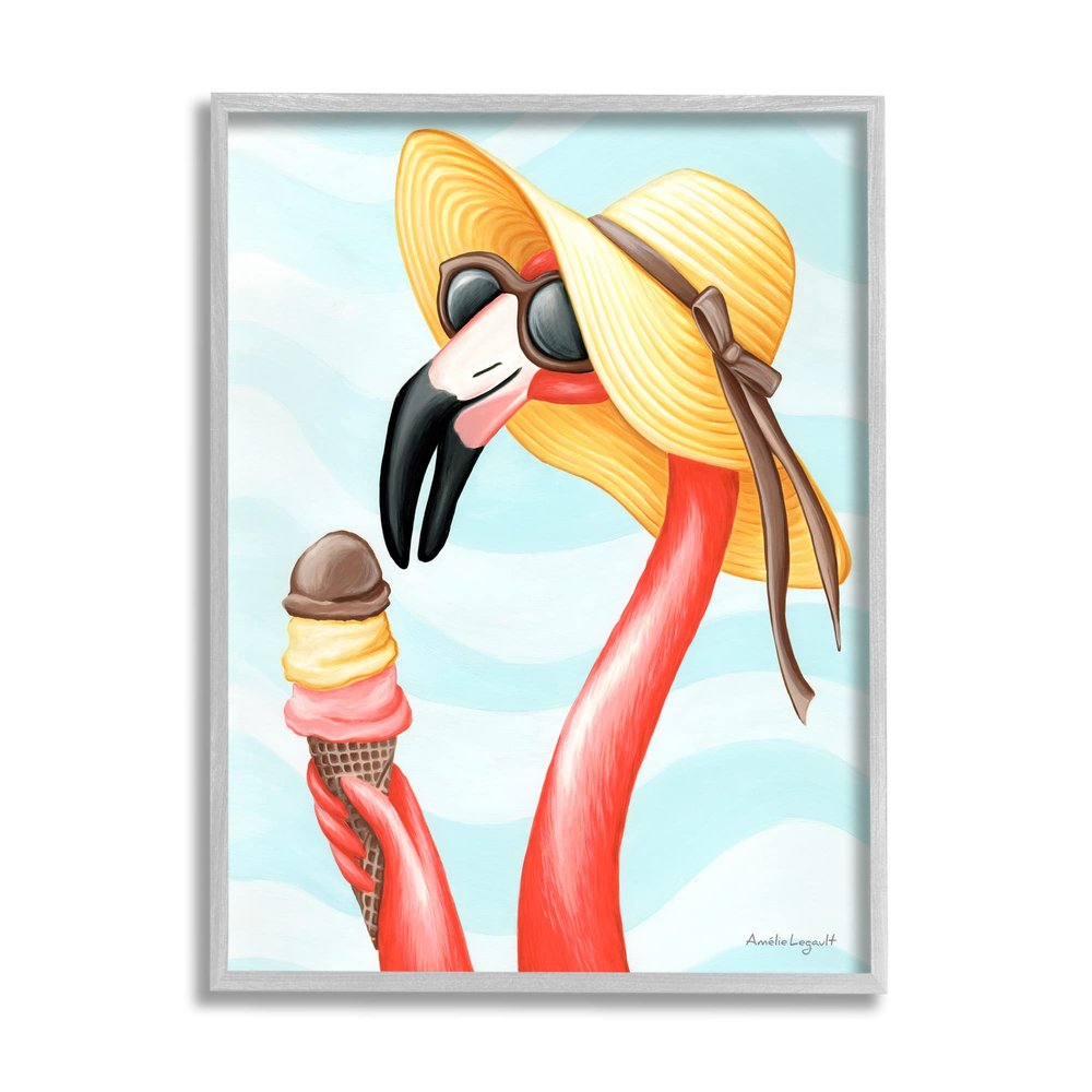 Stupell Industries Summertime Flamingo Sun Hat Enjoying Ice Cream Cone, Design by Amelie Legault