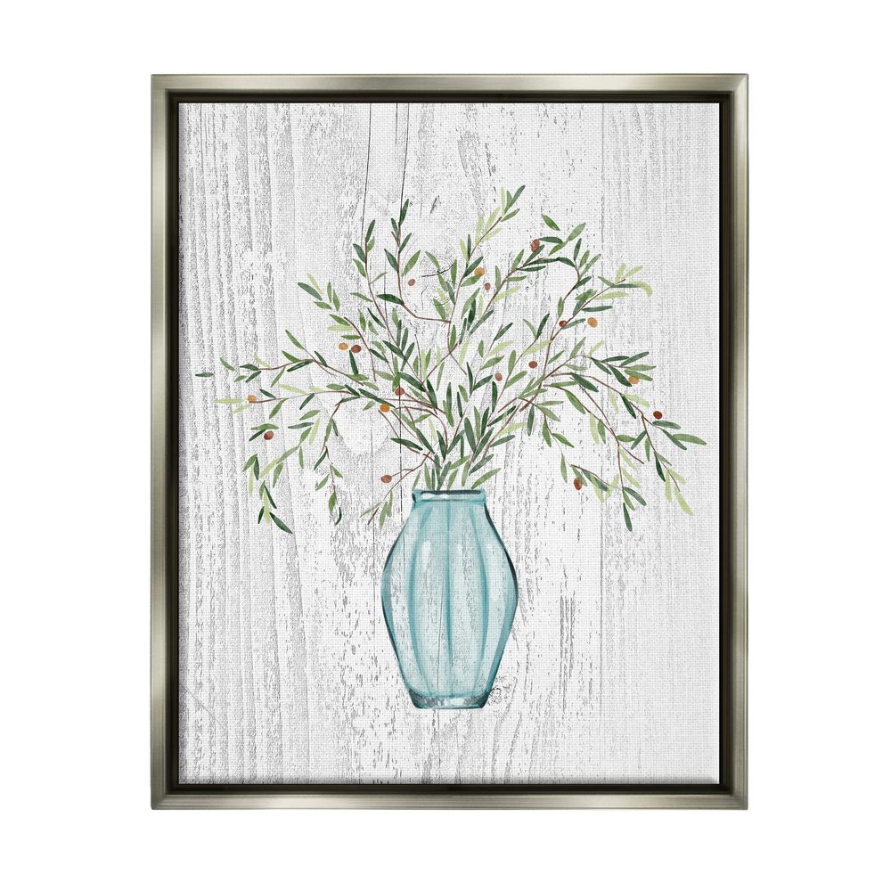 Stupell Industries Rustic Herbs Plants Budding Blue Glass Vase, Design by Ziwei Li, Grey Floater Framed, 24 x 30