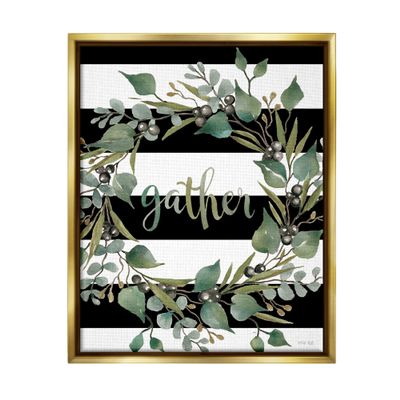 Stupell Industries Gather Calligraphy Stripes Pattern Wreath Botanicals Leaves, Design by Cindy Jacobs