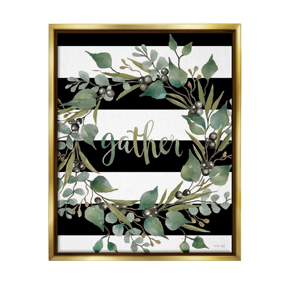 Stupell Industries Gather Calligraphy Stripes Pattern Wreath Botanicals Leaves, Design by Cindy Jacobs