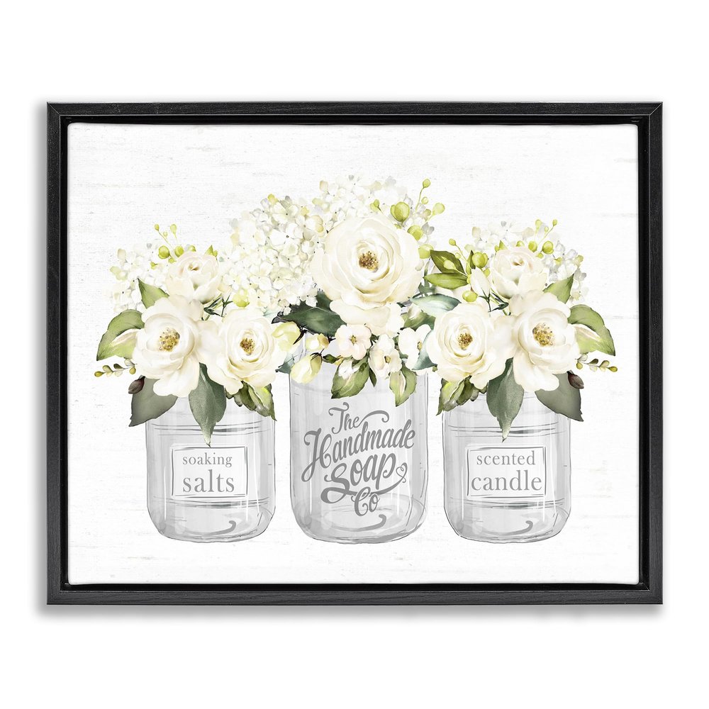 Stupell Industries 'White Roses Blooming Country Rustic Candle Jars ', Floating Frame Canvas Art, Black, 31 x 25 Inches, Easy to Hang and Sturdy, Made in USA, by Lettered and Lined