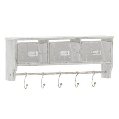 Flash Furniture Daly Wall Mounted Storage Rack - Whitewashed Solid Pine Wood - 24 Inch - Upper Shelf - 5 Hooks - Wire Baskets - For Entryway, Kitchen, Bathroom