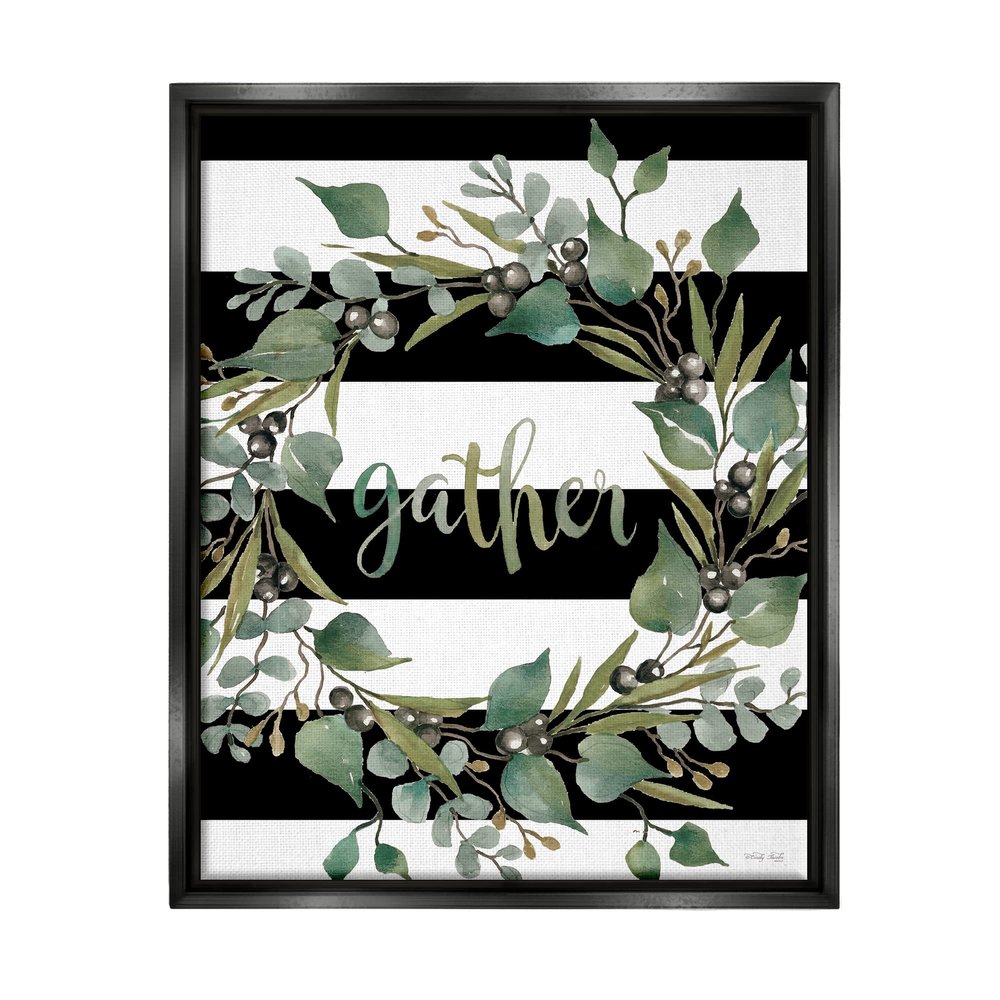 Stupell Industries Gather Calligraphy Stripes Pattern Wreath Botanicals Leaves, Design by Cindy Jacobs
